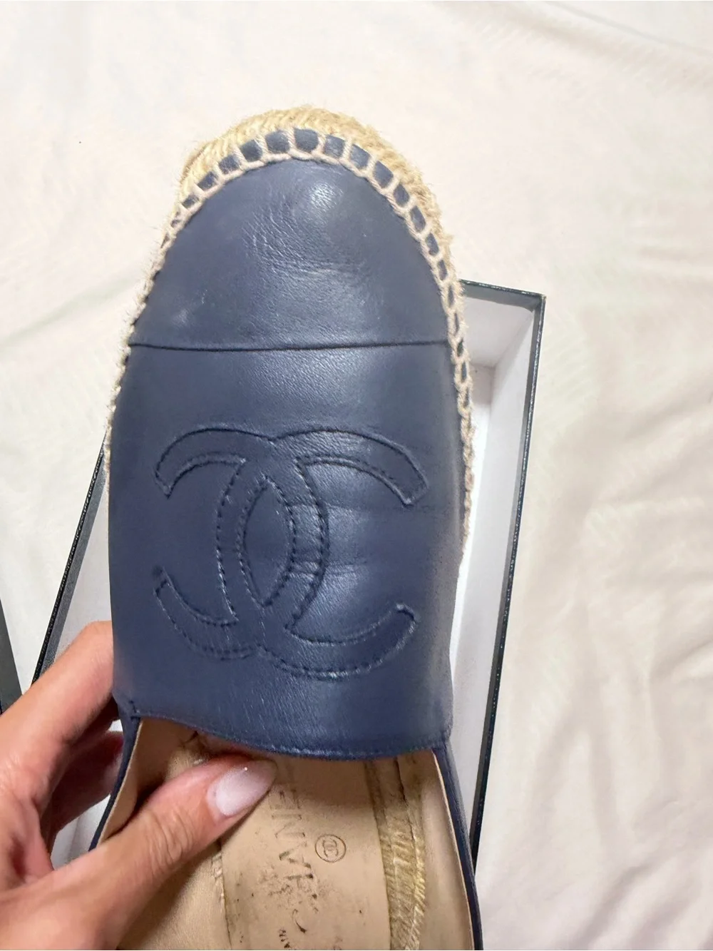 AUTHENTIC CHANEL Dark Navy Leather CC Espadrille Flats